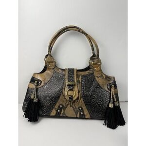 Sharif Studio Floral Embossed Snakeskin Print Tassel Shoulder Bag Black Tan
